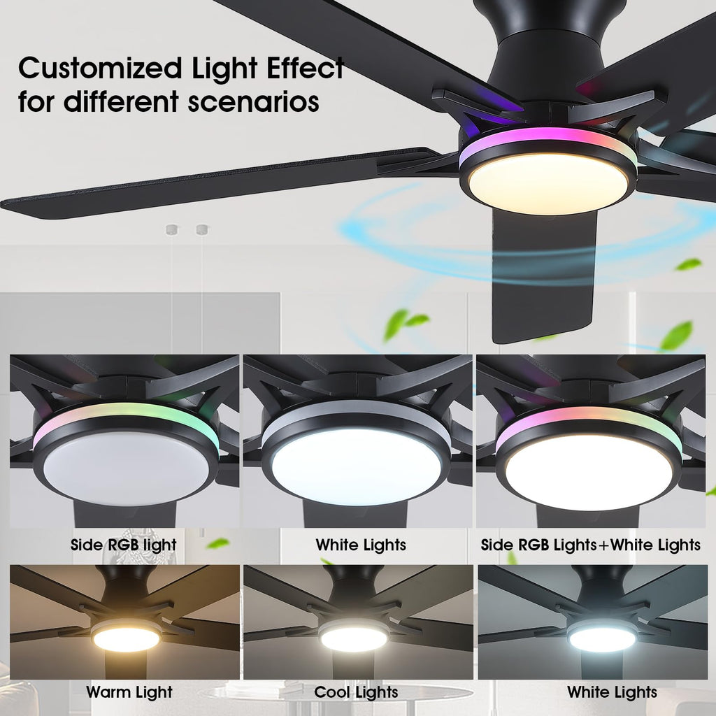 Goniyado 52" RGB Ceiling Fans with Lights and Remote/APP,Black Low Profile Ceiling Fans,Modern Flush Mount Ceiling Fans for Bedroom Kids Room