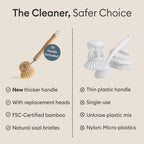 Vove Bamboo Dish Brush, FSC-Certified - Includes 3 Replacement Heads - Natural Fiber Bristles - Non-Toxic, Plastic-Free - Scrub Brush for Pots, Pans & Dishes