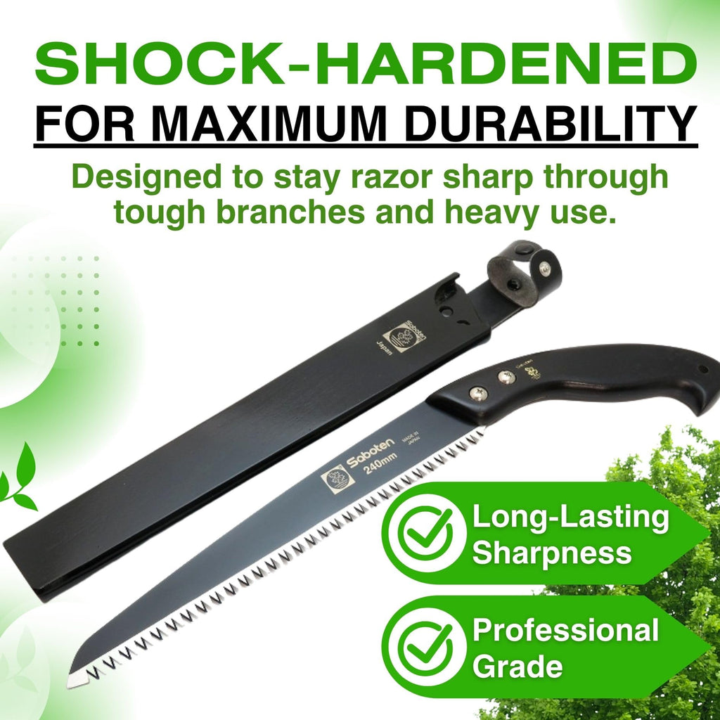 Saboten Japanese Pruning Saw 9.4 in (240mm) – Fluorine-Coated High-Carbon Steel Blade, 7.5mm Tooth Pitch, Smooth Pull Cuts, Wooden Handle, Wood Sheath Included, Made in Japan