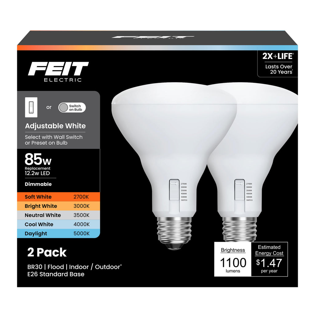 Feit Electric BR30 LED Light Bulb, 85W Equivalent, Dimmable, 1100 Lumens, 5-Color Adjustable White, 90+ CRI, General Purpose Flood & Track Lighting, 25,000-Hour Lifetime, BR3085DM/6WYCA/2, 2 Pack