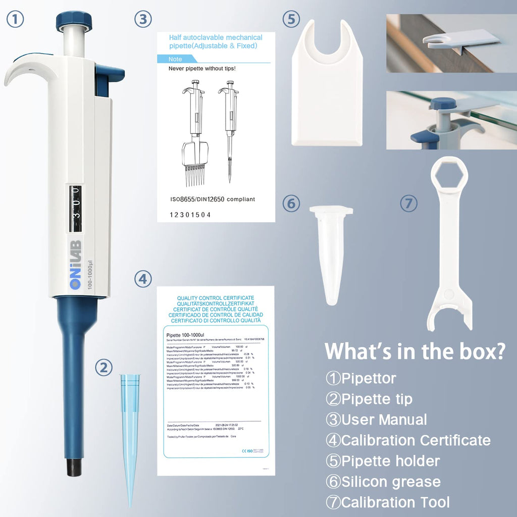 ONiLAB 10-100ul Single-Channel Manual Adjustable Variable Volume Pipettes, Autoclavable pipettor, 7010101008