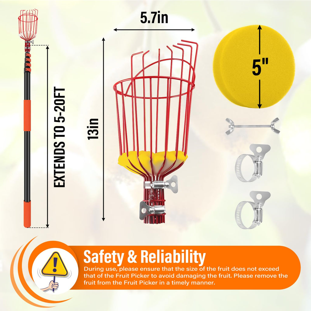 ACTREY 26FT Reach Fruit Picker Pole with Basket Telescoping,Apple Picker