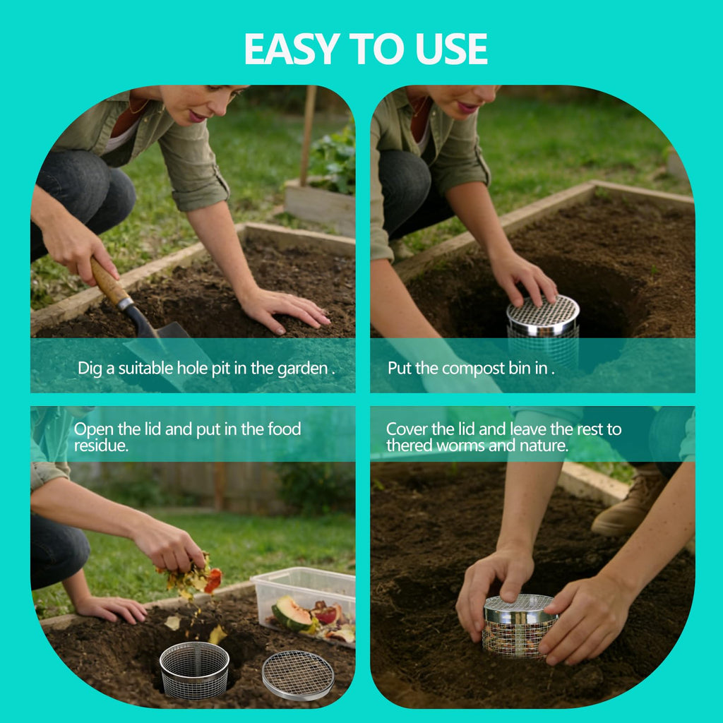 2 Pack Underground Worm Composting Bin with Gardening Gloves - Small Round Metal Stainless Steel Composter for Family Garden, Outdoor Compost Bins (2)