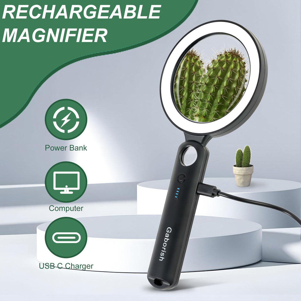 Glass Magnifying Glass with Light Handheld 10X 30X Magnifier with 36 LEDs, 5 Color Modes Rechargeable Lighted Magnifiers, Gift for Senior Reading, Coin, Stamps, Inspection (White & Black)