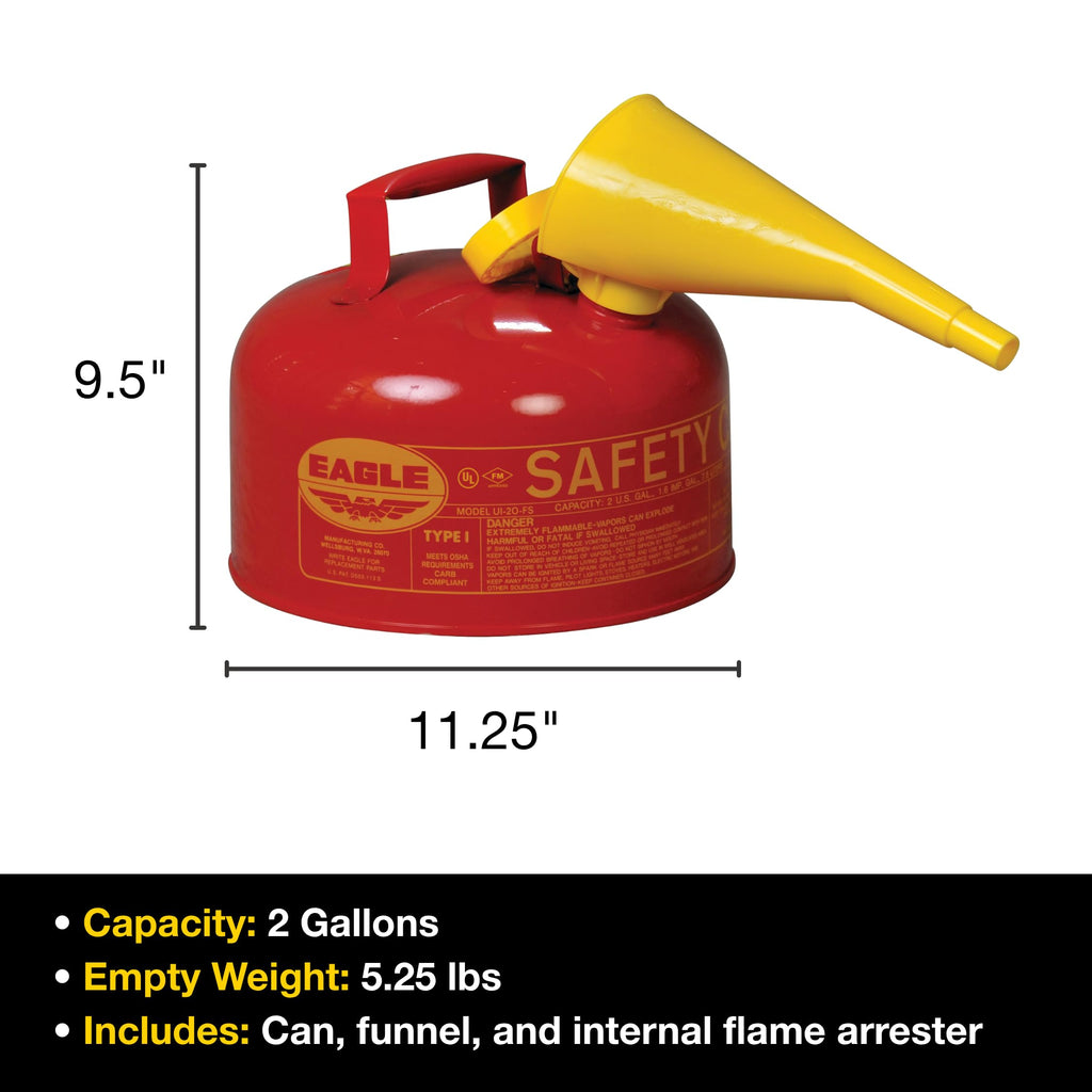 Eagle 2 Gallon Type I Red Safety Gas Can for Gasoline with Flame Arrester, Self-Closing Lid, and F-15 Funnel, Made in the USA, Galvanized Steel Flammable Storage Can, UI20FS