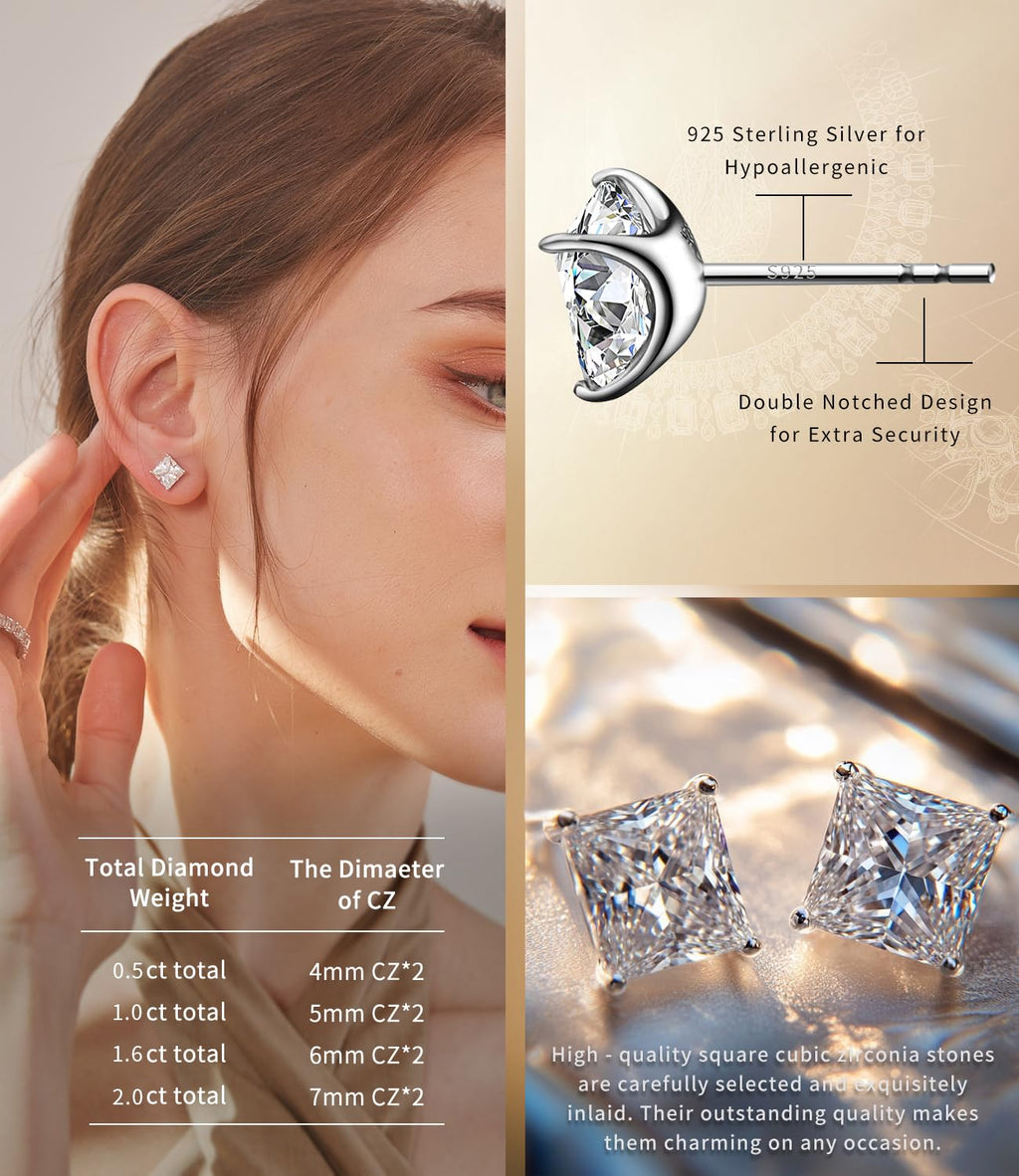”STUNNING FLAME“ 18K Gold Plated Sterling Silver Princess Cut Cubic Zirconia Stud Earrings for men women(w-7)