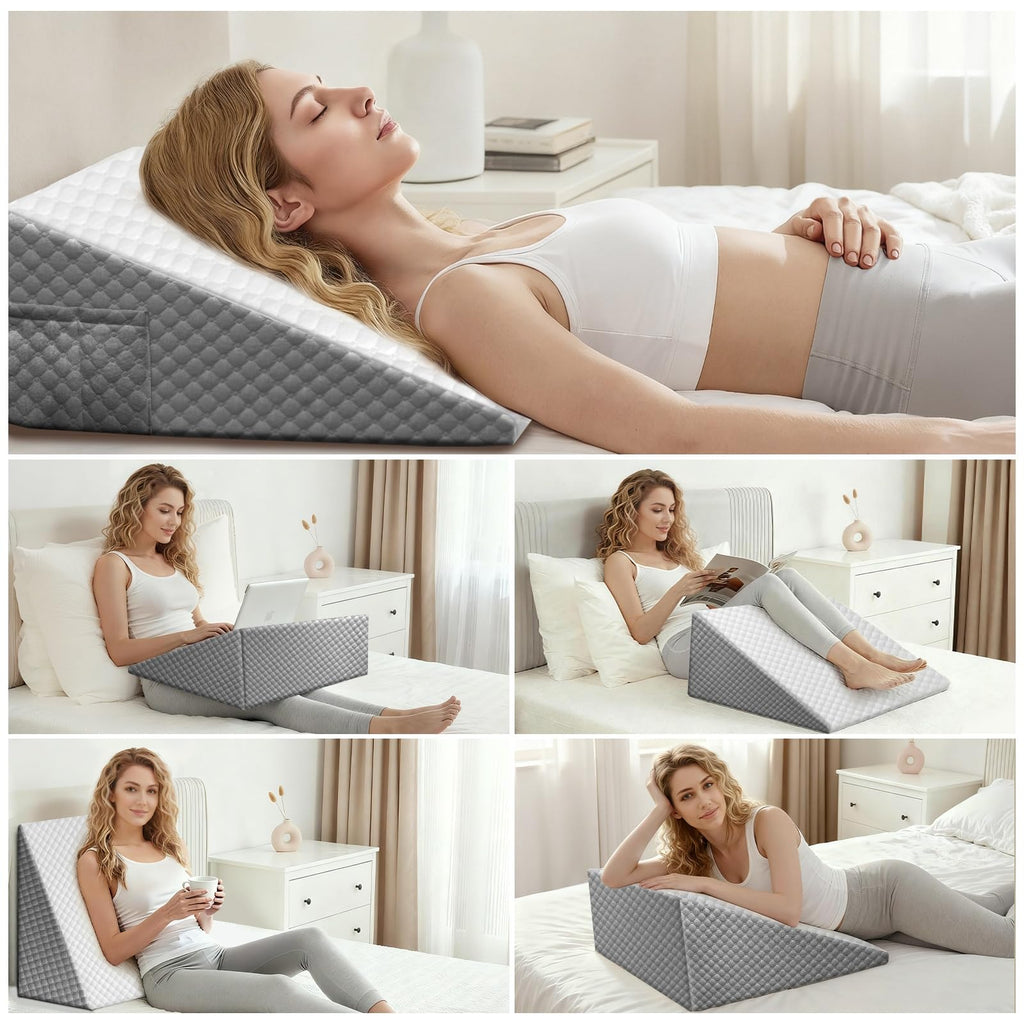 Wedge Pillow, 10 Inch Bed Wedge Pillow for Headboard, Pillow Wedge for Acid Reflux Relief, After Surgery, Sleeping，Back Pain Relief, Memory Foam Top, LightGrey