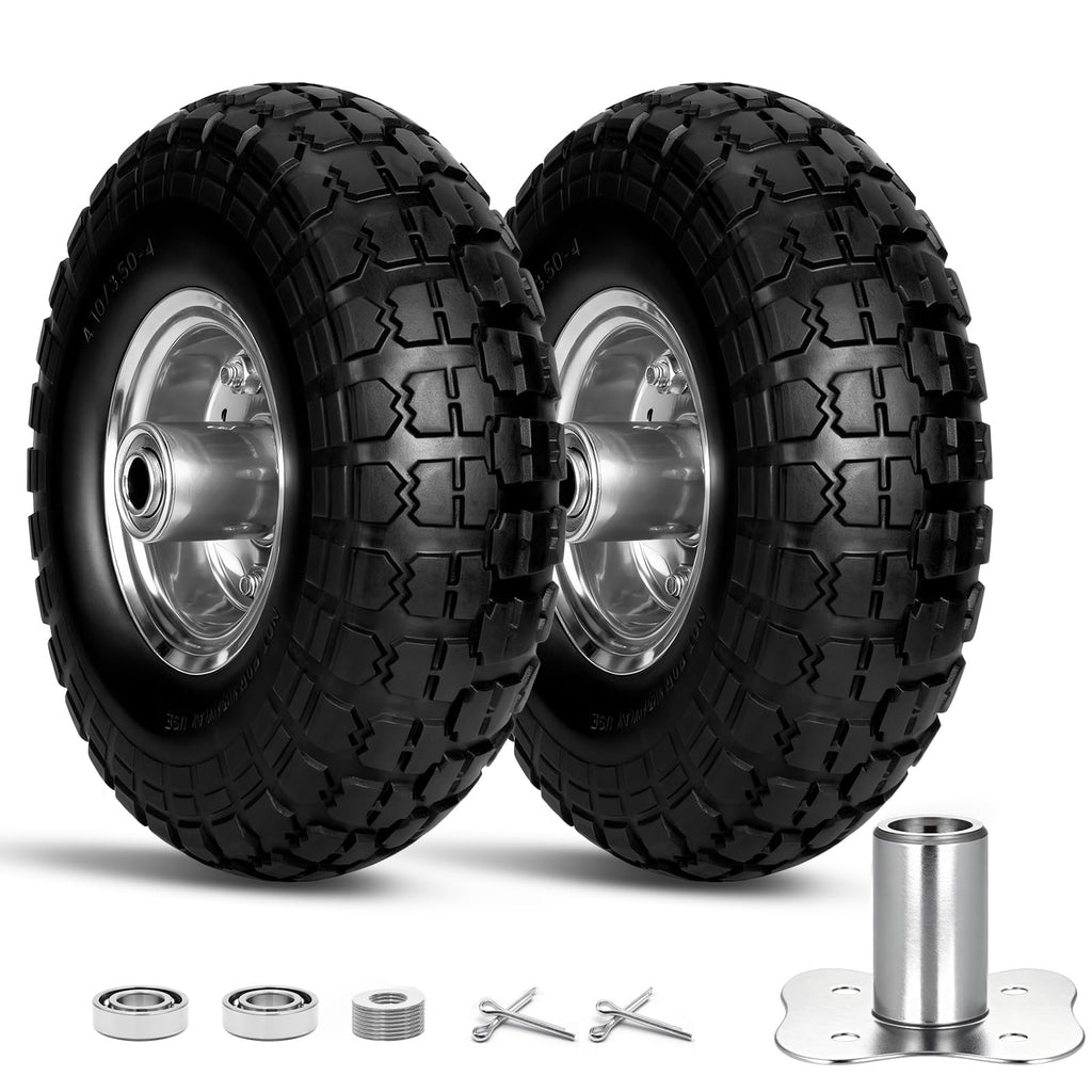 4.10/3.50-4 Flat Free Tire Wheels 10 Inch, (2 PICK) Solid Rubber Puncture Proof Airless Wheels with 5/8" Bearings 2.2" Offset Hub for Hand Truck, Dolly Gorilla Cart, Wheelbarrow, Outdoor Utility Cart