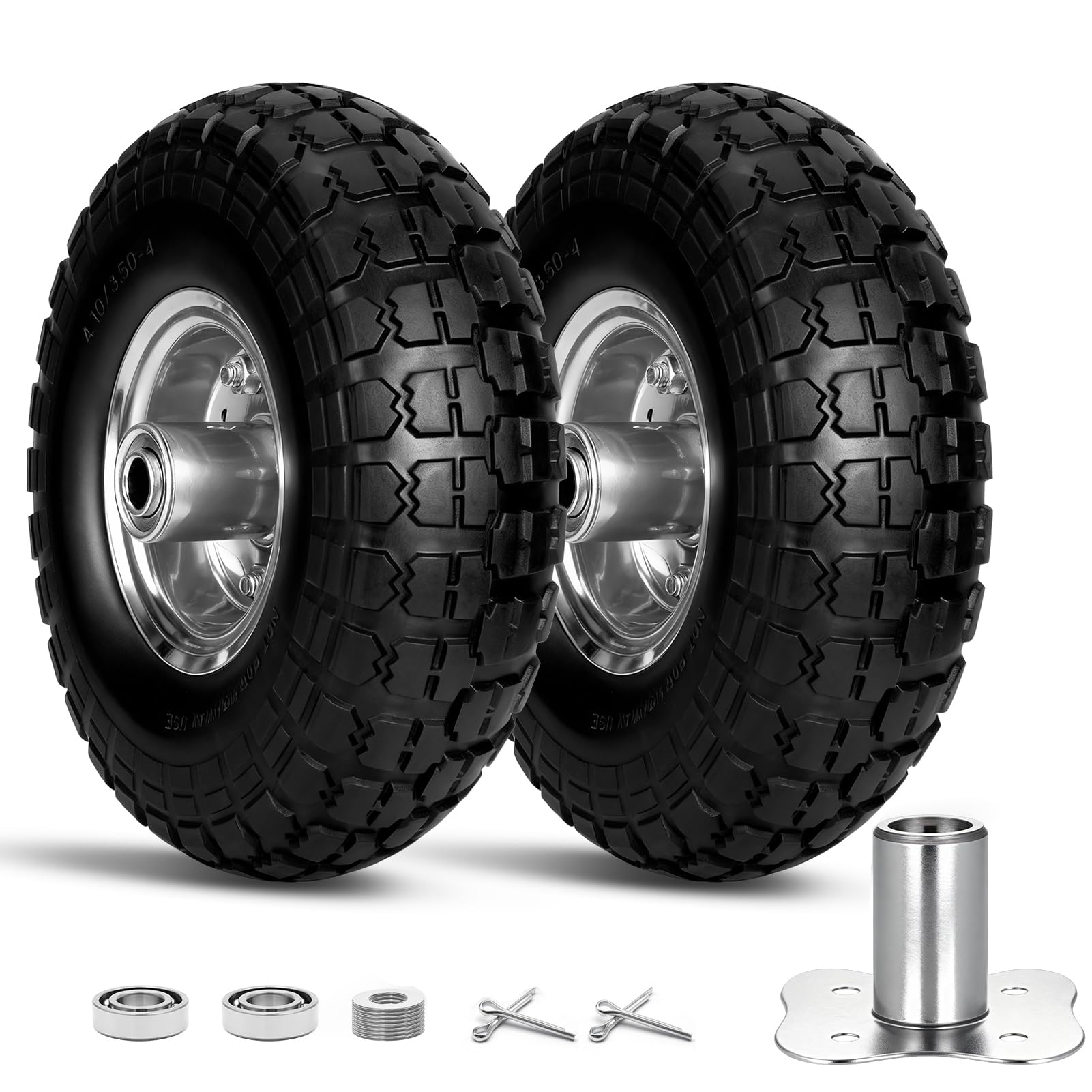 4.10/3.50-4 Flat Free Tire Wheels 10 Inch, (2 PICK) Solid Rubber Puncture Proof Airless Wheels with 5/8" Bearings 2.2" Offset Hub for Hand Truck, Dolly Gorilla Cart, Wheelbarrow, Outdoor Utility Cart
