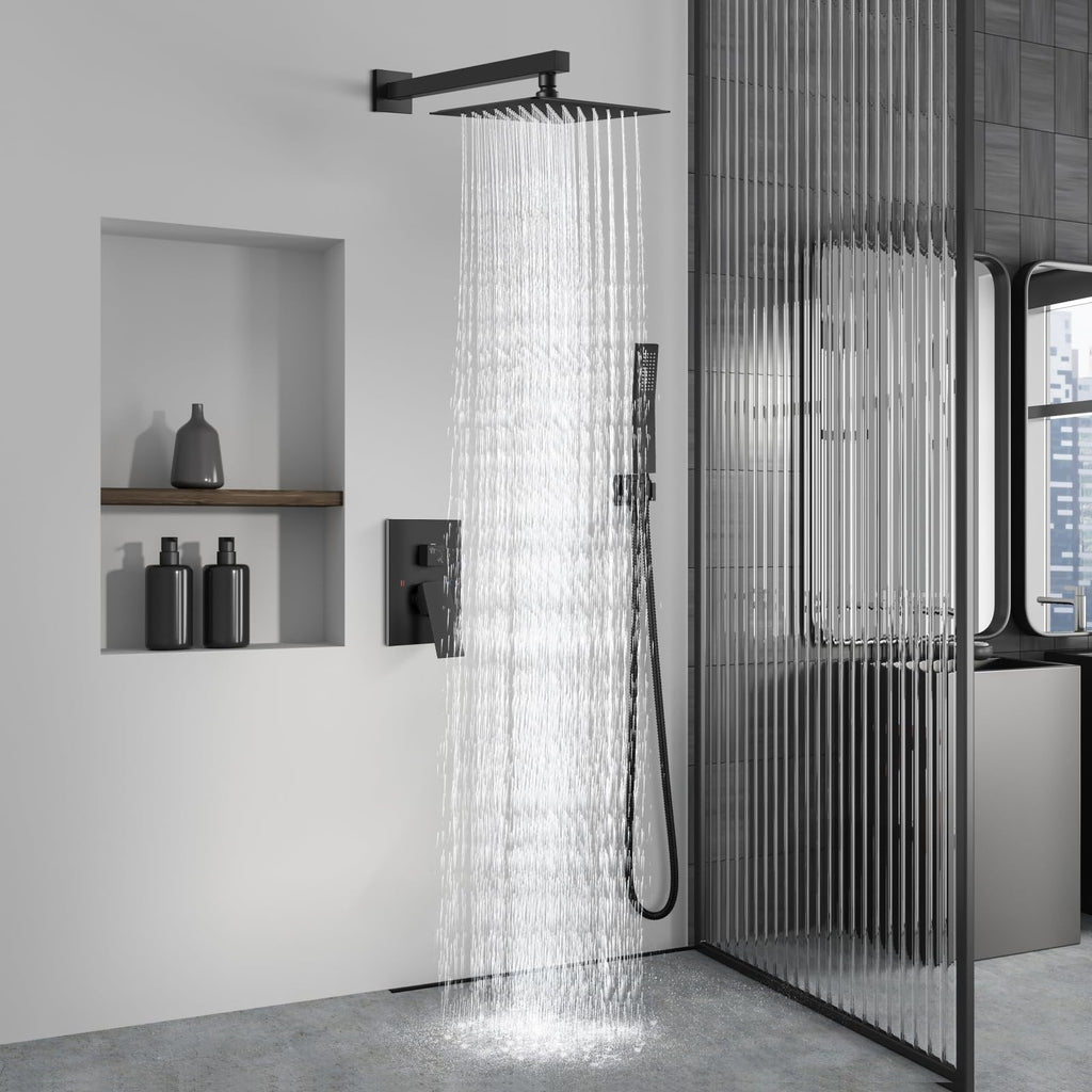 Aolemi Shower Faucet Set Rain Shower System with Handheld Spray Bathroom Shower Combo Rough-in Valve and Shower Trim Kit Included Matte Black 8 Inch Wall Mount Shower Head