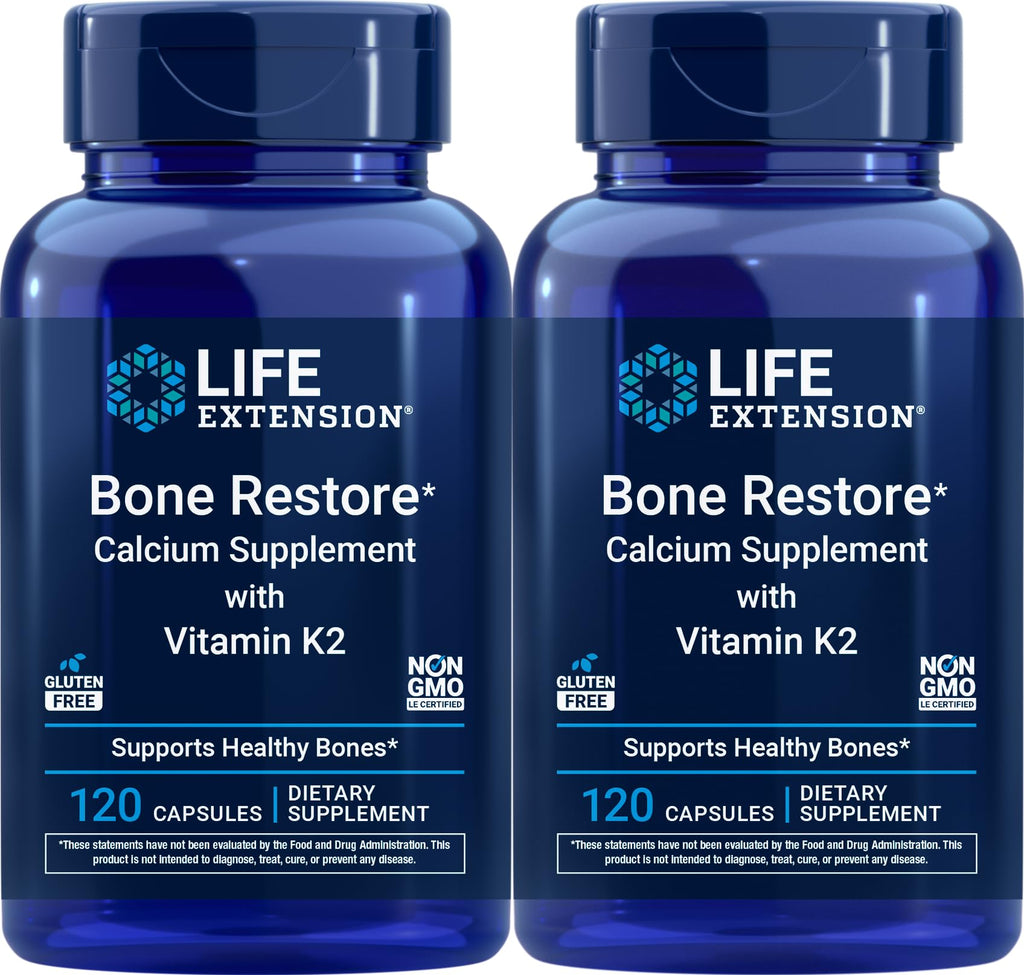 Life Extension Bone Restore Calcium Supplement with Vitamin K2, 120 Capsules (Pack of 2)
