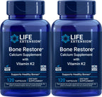 Life Extension Bone Restore Calcium Supplement with Vitamin K2, 120 Capsules (Pack of 2)