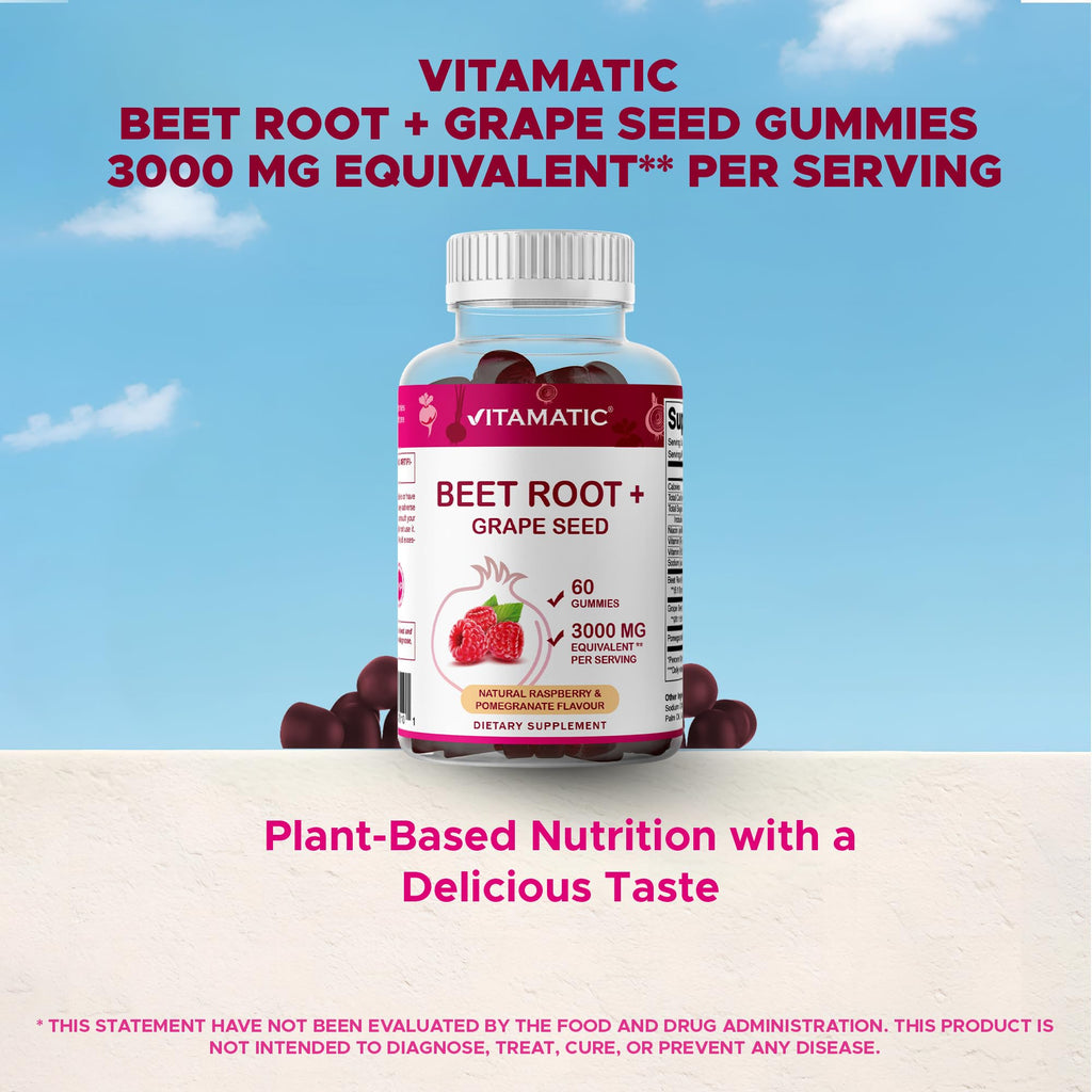 Vitamatic Beet Root Gummies - 3000mg Equivalent Per Serving - 60 Gummies - Made with Vitamin B6, B12, Grape Seed, Pomegranate & Nicotinamide (Pack of 2)
