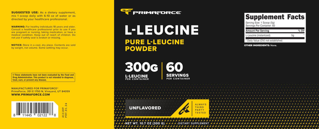 Primaforce L-Leucine (300 Grams | 60 Servings) - Pure L-Leucine Powder, 5 Grams Per Serving