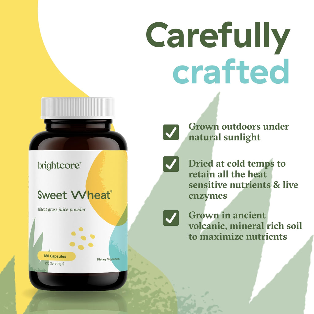Brightcore Nutrition Sweet Wheat, Ready-to-Drink Athletic Greens, Super Greens with Digestive Enzymes for Digestive Health and Immune Boost, 180 Wheatgrass Juice Powder Capsules