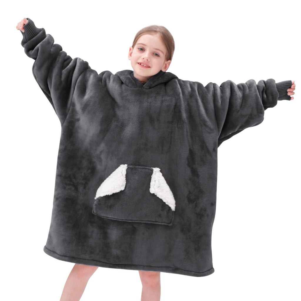 Touchat Wearable Blanket Hoodie for Kids & Teens 6-13 Year Old, Oversized Sherpa Fleece Sweatshirt with Pocket, Soft Cozy Hooded Blankets Christmas Birthday Gift for Boys and Girls, Grey