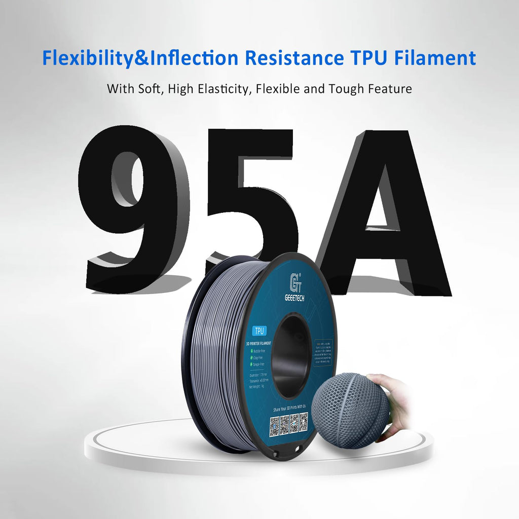 Geeetech TPU Filament 1.75mm, Shore 95A Flexible 3D Printer Filament with High Elasticity, 1KG (2.2lbs) Spool, Dimensional Accuracy ±0.03mm, Fits Most FDM Printers (Clear Silver)