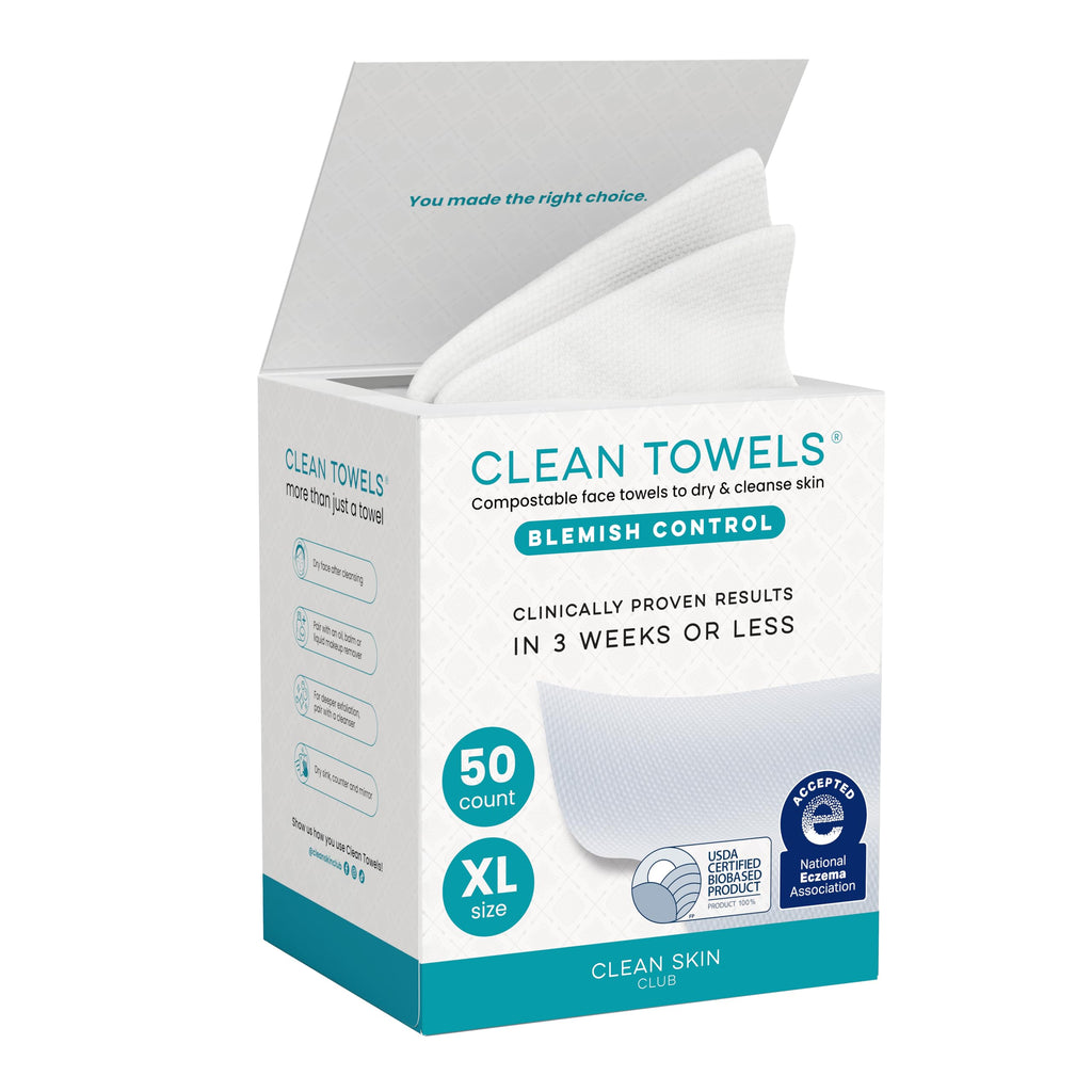 Clean Skin Club Blemish Control Clean Towels® XL, Compostable Face Towels, Light Exfoliation for Oily Skin, Eczema Association Accepted Disposable Face Towelette, Makeup Remover Dry Wipes, 50 count