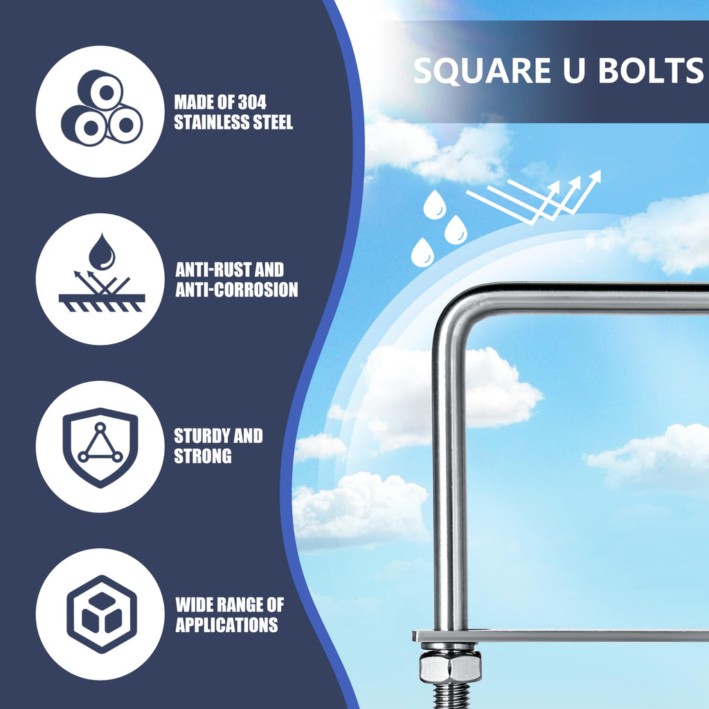 SRZTXU 8 Sets M8 Square U-Bolts,u-Bolts 1.5 inch Wide,304 Stainless Steel Square u-Bolts,with Nuts,Bolt Plate and washers (8, M8 x 40mm x 100mm)