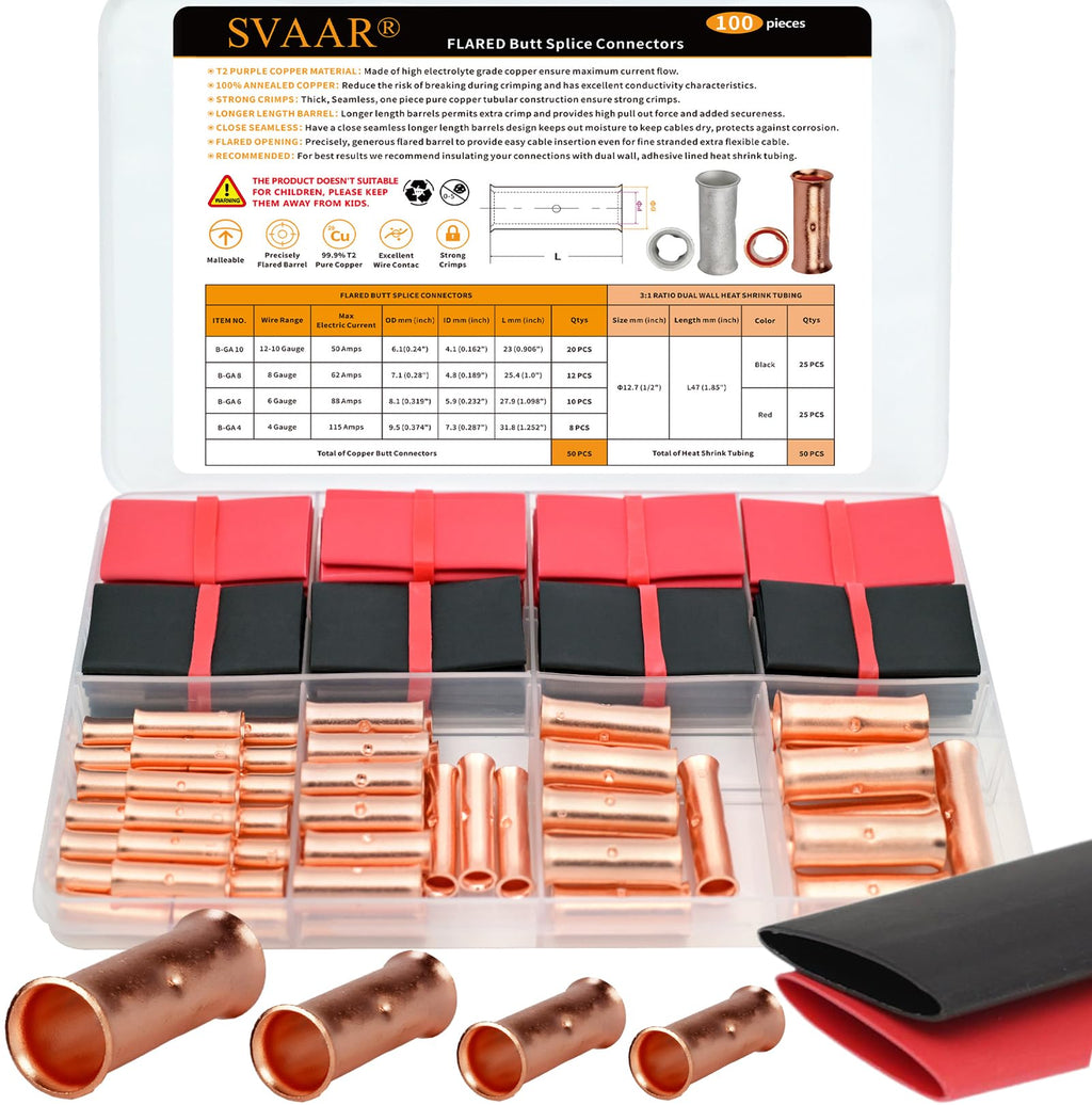 SVAAR 100PCS Flared Open Butt Connectors Kit 4/6/8/12-10 Gauge Butt Splice Connector Non-Insulated Butt Connectors Crimp Pure Copper 50PCS Seamless Barrel Wire Splice Terminals +50PCS 3:1 Heat Shrinks