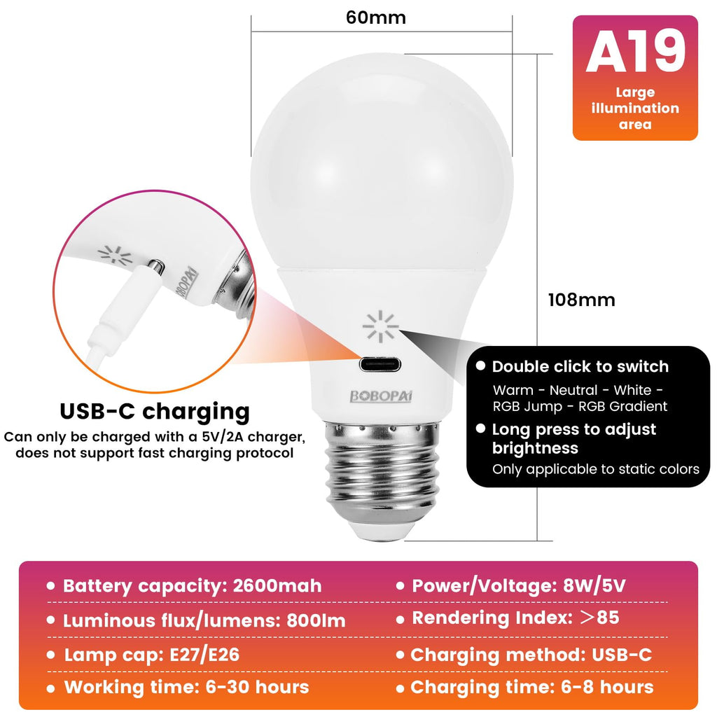 LED Rechargeable Light Bulbs With Remote ＆ Touch Dimmable, E26 Battery Operated Light Bulb for Lamps, RGB 12 Colors, 2600mAh USB battery backup Light Bulb With Timer, A19 Small Light Bulbs 2 Pack