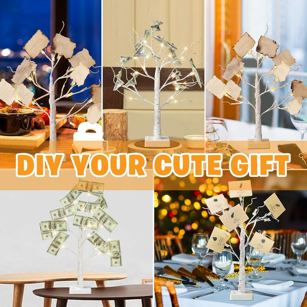 EAMBRITE Money Tree Gift Holder, Lighted Birch Tree 2FT 24LED, Battery/USB Powered Timer Light Up Display Twig Gift Card Tree with 12 Clear Clips and 6 Cards for Home Christmas Graduation Photo Memo