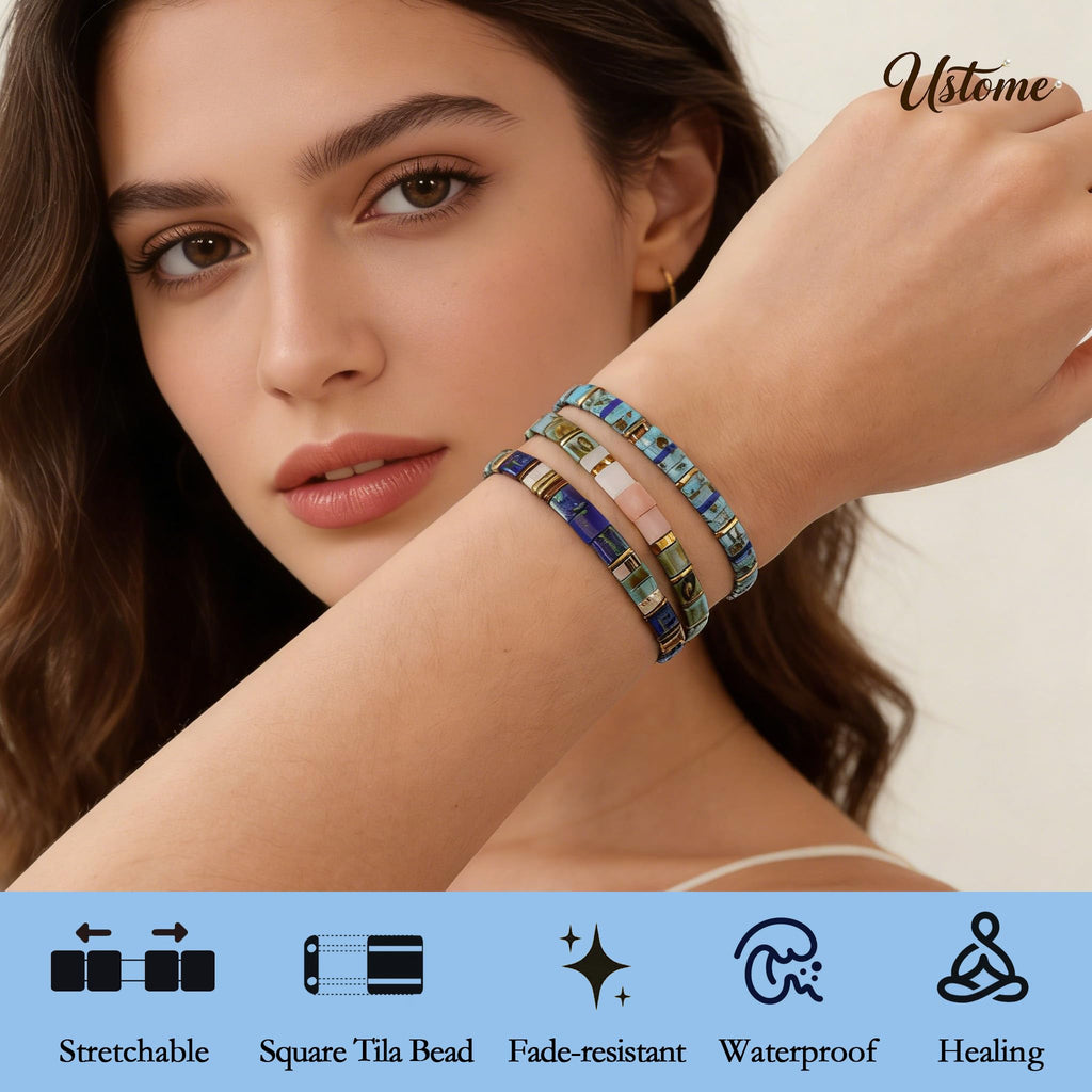Ustome Tila Flat Square Stack Beaded Bracelets Set for Women Men, Boho Romantic Handmade Colorful Stretch Accessories Jewelry,Party Holiday Friendship Gift