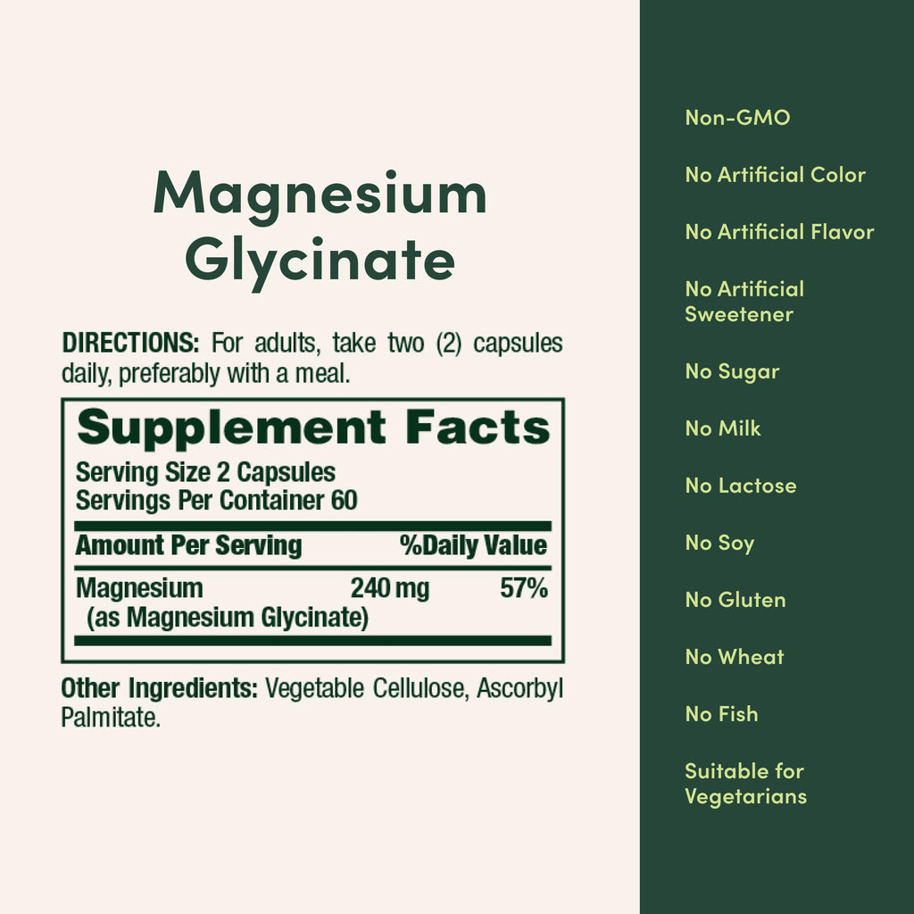 Nature’s Bounty High Absorption Magnesium Glycinate 240 mg for Supporting Muscle Relaxation and Bone, Heart & Nerve Health – Non-GMO, Gluten-Free, Vegetarian, 120 Count/60 Servings