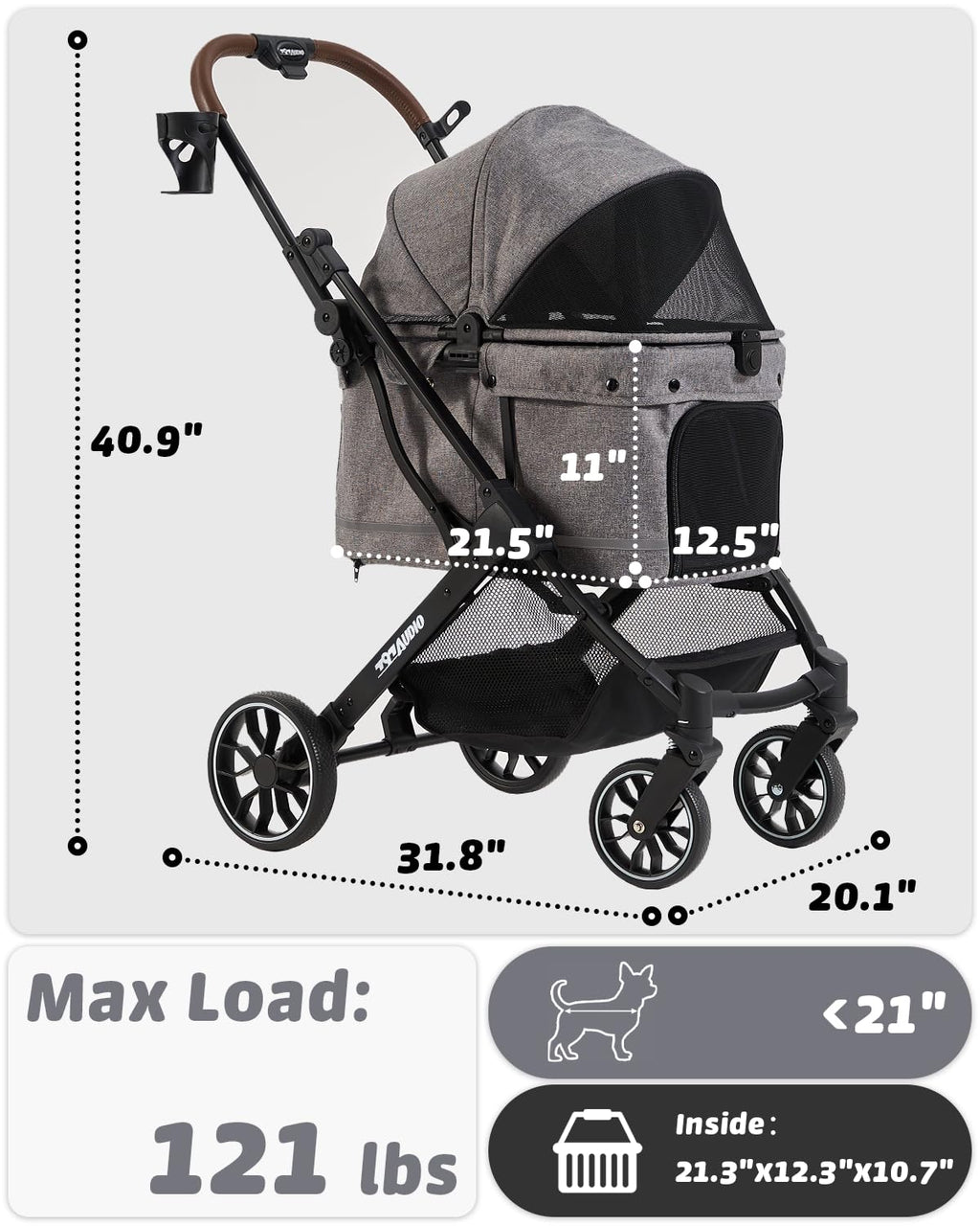 797Audio Dog Stroller for Small Medium Dogs, Pet Stroller for Cats Puppy Up to 121lbs,Foldable,One Click Folding,4 Wheel Shock Absorption,Adjustable Canopy with Sun Shades,Removable Washable Pad(Grey)