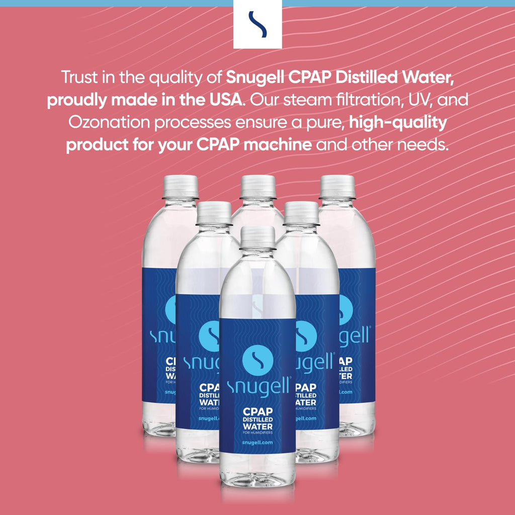 Snugell Travel Size Bottled Distilled Water for CPAP Machines, (6-Pack, 20oz Each) – Up to 12-Day Supply – Multi-Use, Travel-Friendly, Clean, Made in USA