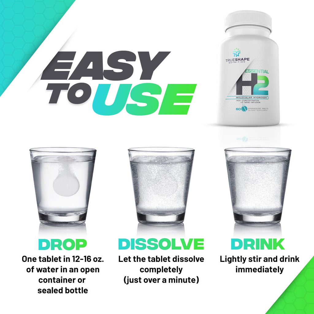 TrueShape Nutrition Essential H2 Fizzy Molecular Hydrogen Tablets for Water Nutritional Supplement (Unflavored, 60 Servings)