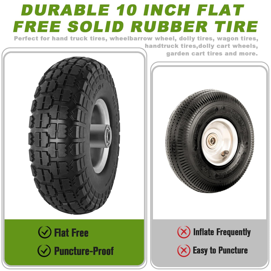 4 Pcs 4.10/3.50-4" Tire and Wheel Flat Free, 10 Inch Solid Rubber Tires with 5/8" Axle Bore Hole, 2.2" Offset Hub for Hand Truck, Wheelbarrow, Gorilla Cart, Garden Wagon Cart, Dolly, Utility Cart