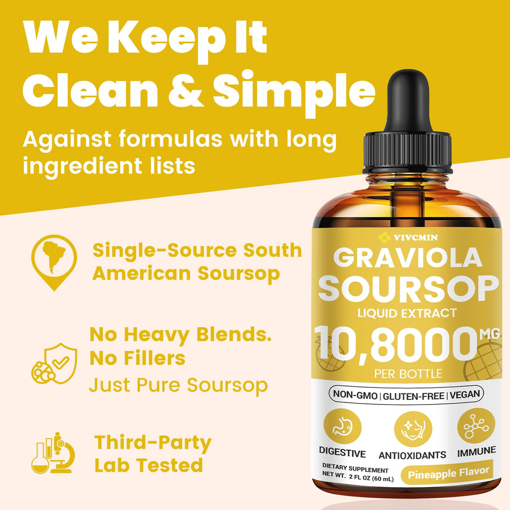vivcmin Graviola Soursop Leaf Extract Liquid - Soursop Bitters Liquid, Support Immune, Relax, Liver and Sleep, Sugar & Alcohol-Free, Highly Absorbable Formula, Pineapple Flavor, 2 Fl Oz