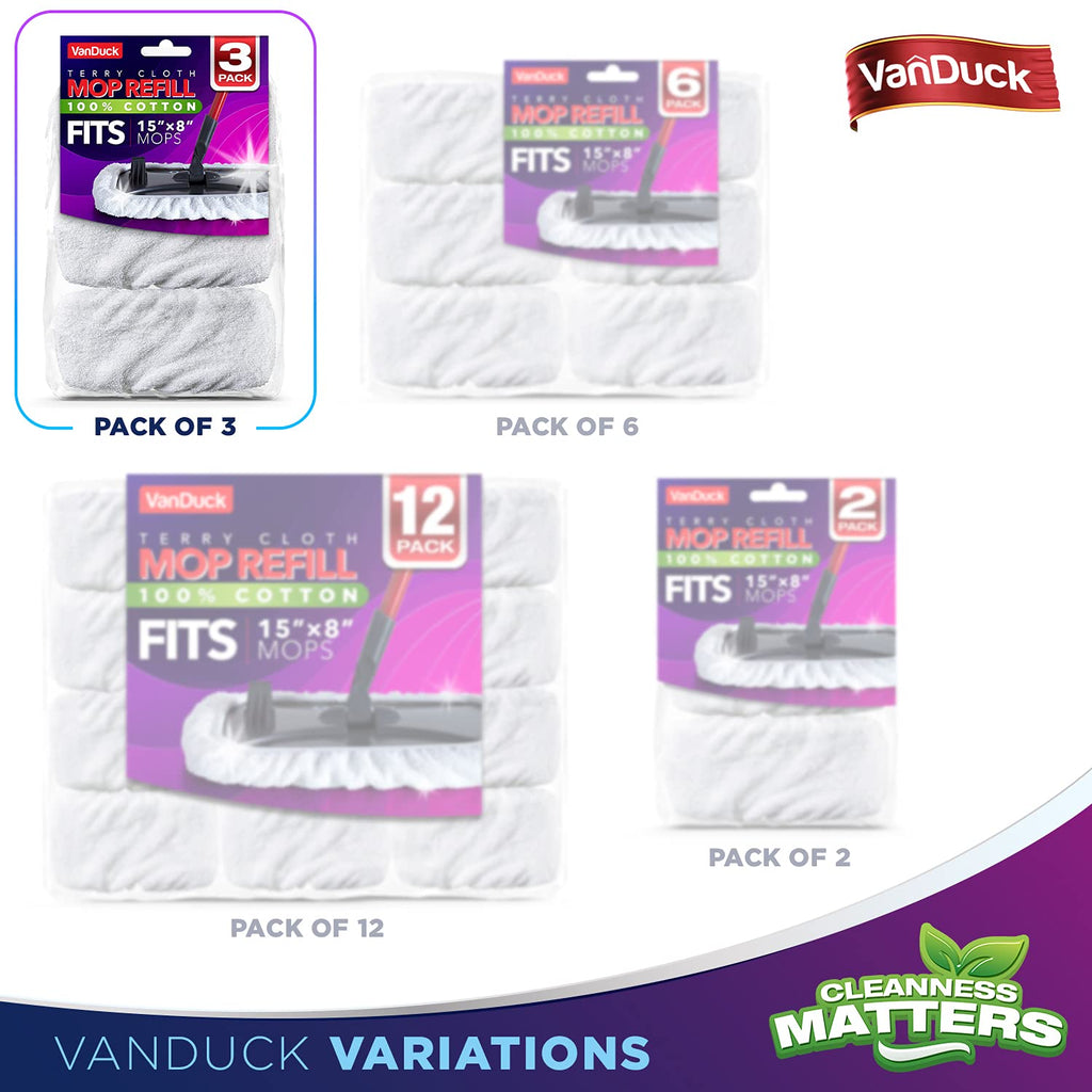 VanDuck 100% Cotton Terry Mop Pads 15x8 Inches 3-Pack, Terry Cloth Mop Covers (Handle is Not Included)