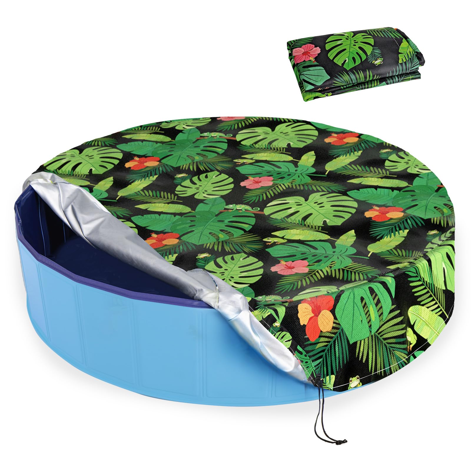 Docuwee Round Pool Cover 48", Foldable Kiddie Solar Cover Fit Dog Collapsible Swimming Pool, Pets Kids Bath Tub, Anti-UV Dustproof Safety Pool Covers, Monstera Deliciosa