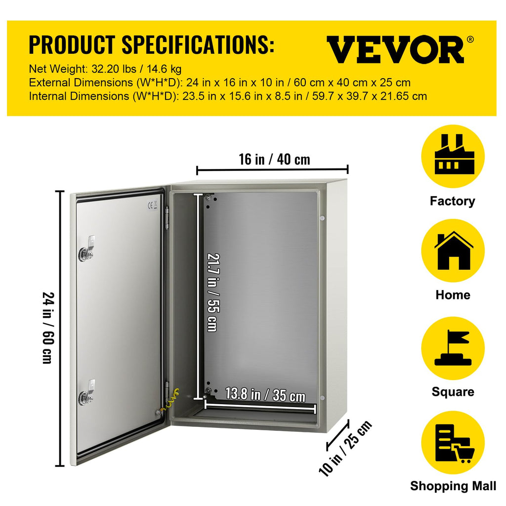 VEVOR NEMA Steel Enclosure, 24 x 16 x 10'' NEMA 4X Steel Electrical Box, IP66 Waterproof & Dustproof, Outdoor/Indoor Electrical Junction Box, with Mounting Plate