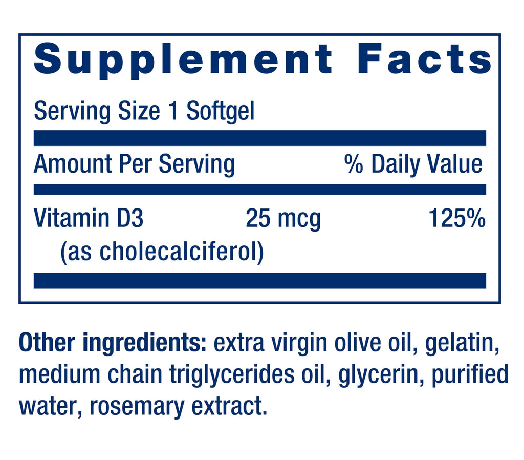 Life Extension Vitamin D3 25 mcg (1000 IU), Immune System Support, Bone Health, Whole-Body Health, Value Size, Gluten-Free, Non-GMO, 250 softgels (Pack of 2)