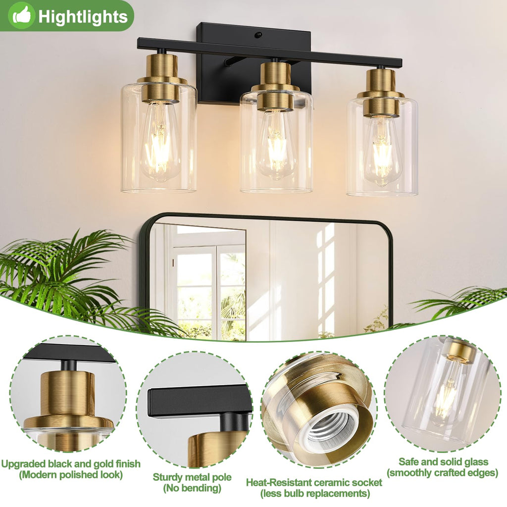 Indoi 3-Light Bathroom Light Fixtures, Black and Gold Modern Vanity Lights with Clear Glass Shades, Bathroom Wall Lamp for Mirror Living Room Cabinet Bedroom Porch