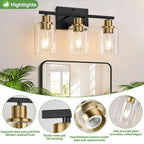 Indoi 3-Light Bathroom Light Fixtures, Black and Gold Modern Vanity Lights with Clear Glass Shades, Bathroom Wall Lamp for Mirror Living Room Cabinet Bedroom Porch