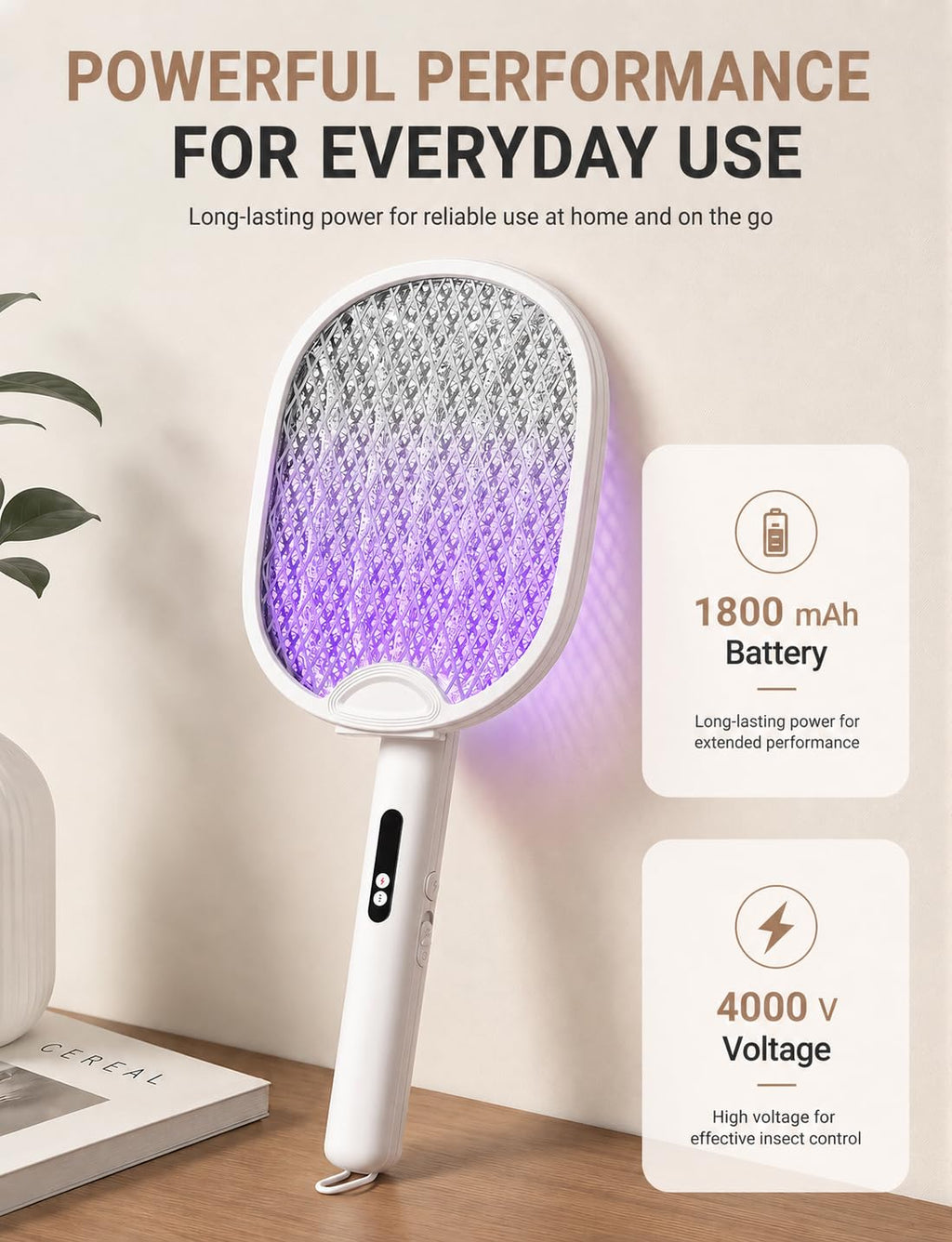 WOCVRYY Electric Fly Swatter 4000V Bug Zapper Racket with 1800mAh Rechargeable Battery 5-Layer Safety Mesh Dual Modes 180° Foldable Ideal for Indoor or Outdoor Use (White)