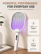 WOCVRYY Electric Fly Swatter 4000V Bug Zapper Racket with 1800mAh Rechargeable Battery 5-Layer Safety Mesh Dual Modes 180° Foldable Ideal for Indoor or Outdoor Use (White)
