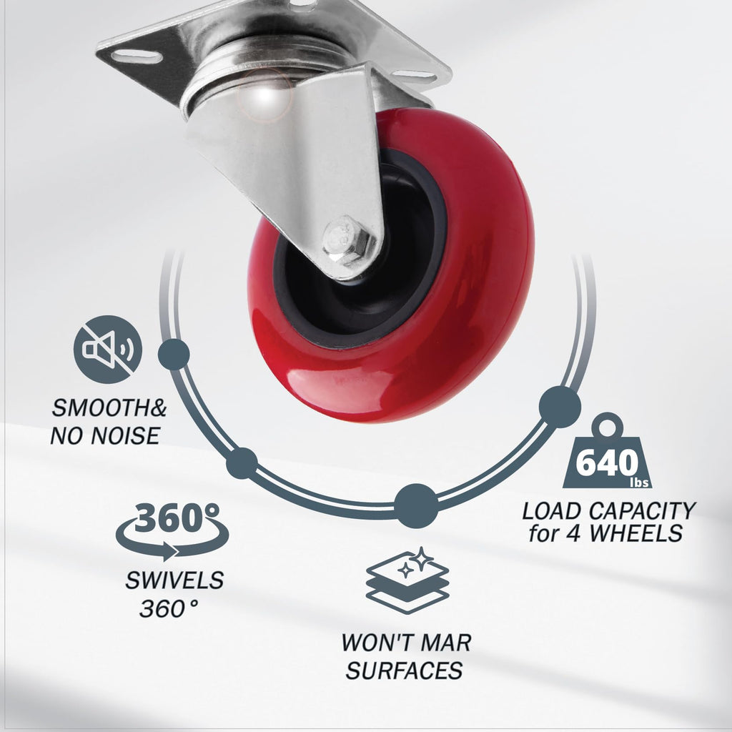 POWERTEC 3 Inch Swivel Caster Wheels Set of 4 with 640 lbs Loads, Heavy Duty Plate Casters, PU Castor Wheels for Furniture, Cart, Dolly and Workbenches (17206)