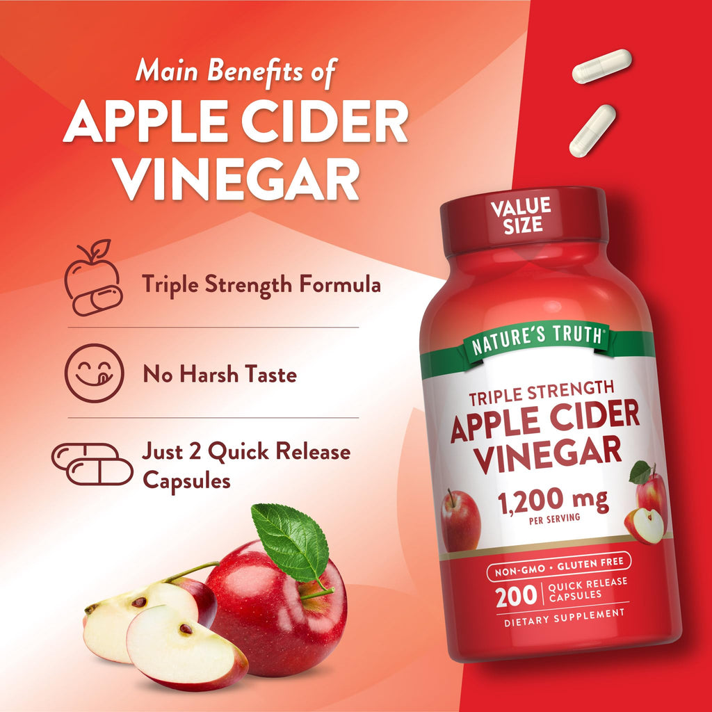 Nature's Truth Apple Cider Vinegar Capsules | 1200mg | 200 Pills | Extra Strength | Value Size | Non-GMO, Gluten Free Supplement