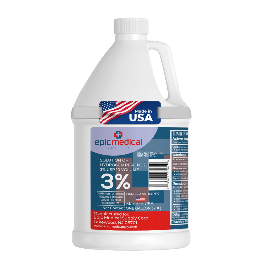 Epic Medical Supply 3% Hydrogen Peroxide - First Aid Antiseptic & Multipurpose Cleaner - Topical Wash for Cuts, Scrapes and Minor Cuts - H2O2 Hydrogen Peroxide 3 Percent USP Solution (1 Gallon)
