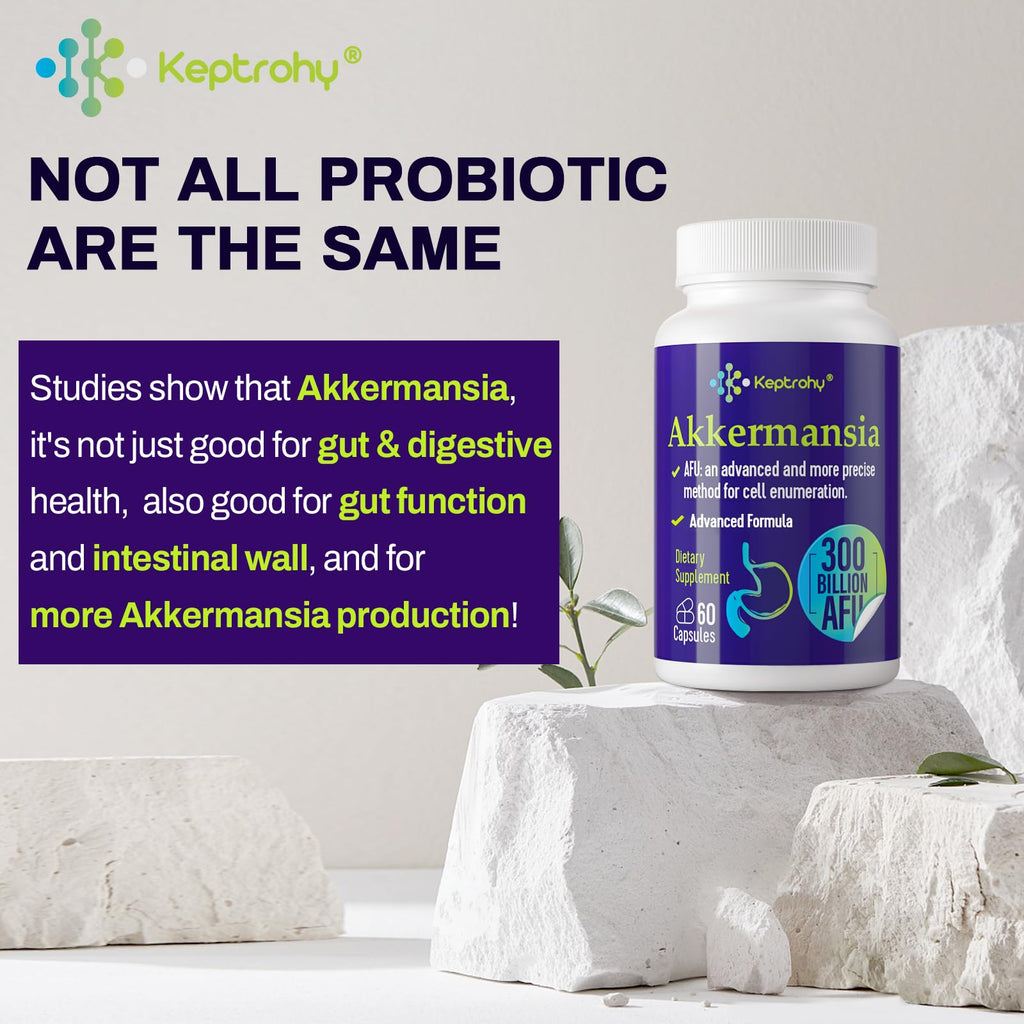Keptrohy 300 Billion AFU Akkermansia Probiotic for Women & Men, Akkermansia Muciniphila for More Akkermansia Production, Digestive, Gut & Immune, Gut Digestive Lining Function, 60 Count