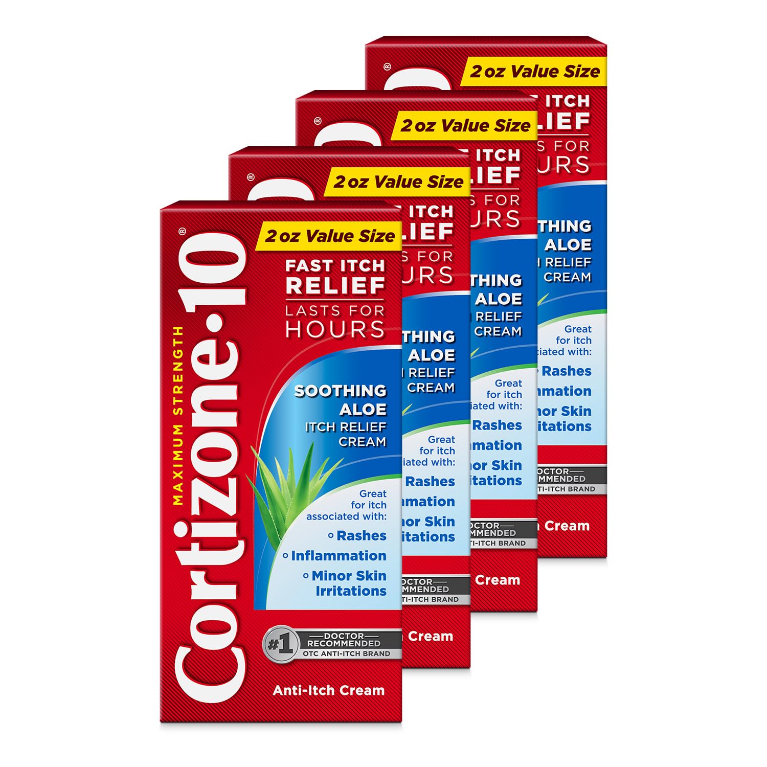 Cortizone-10 Maximum Strength Soothing Aloe Itch Relief Cream, 1% Hydrocortisone, Fast-Acting, Anti-Itch Cream for Bug Bites, Rash, Eczema, Psoriasis, Poison Ivy, Oak, Sumac, 2 oz (Pack of 4)