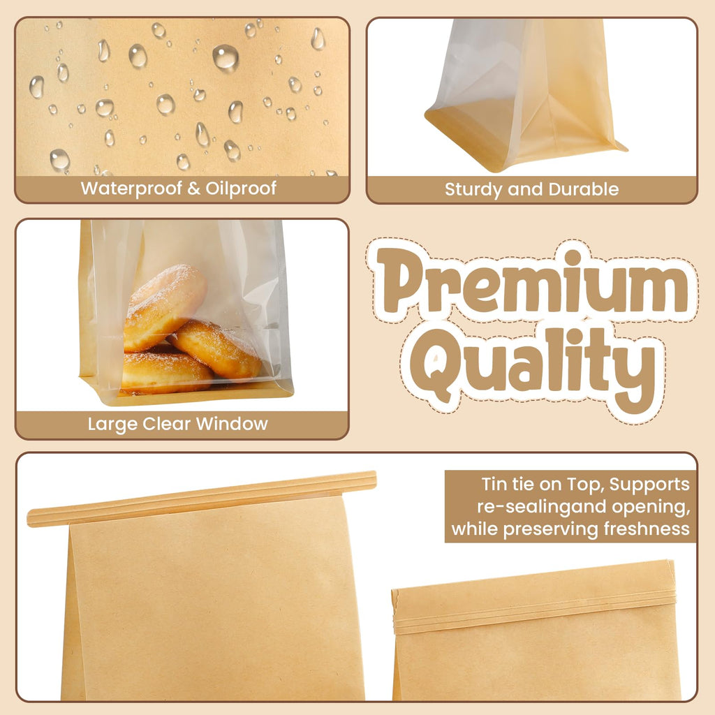 50 Pcs Bread Bags for Homemade Bread Sourdough, 10.2 * 6.3 * 5.1 Inches Bakery Bags with Window Reusable Tin Tie Baked Goods Packaging