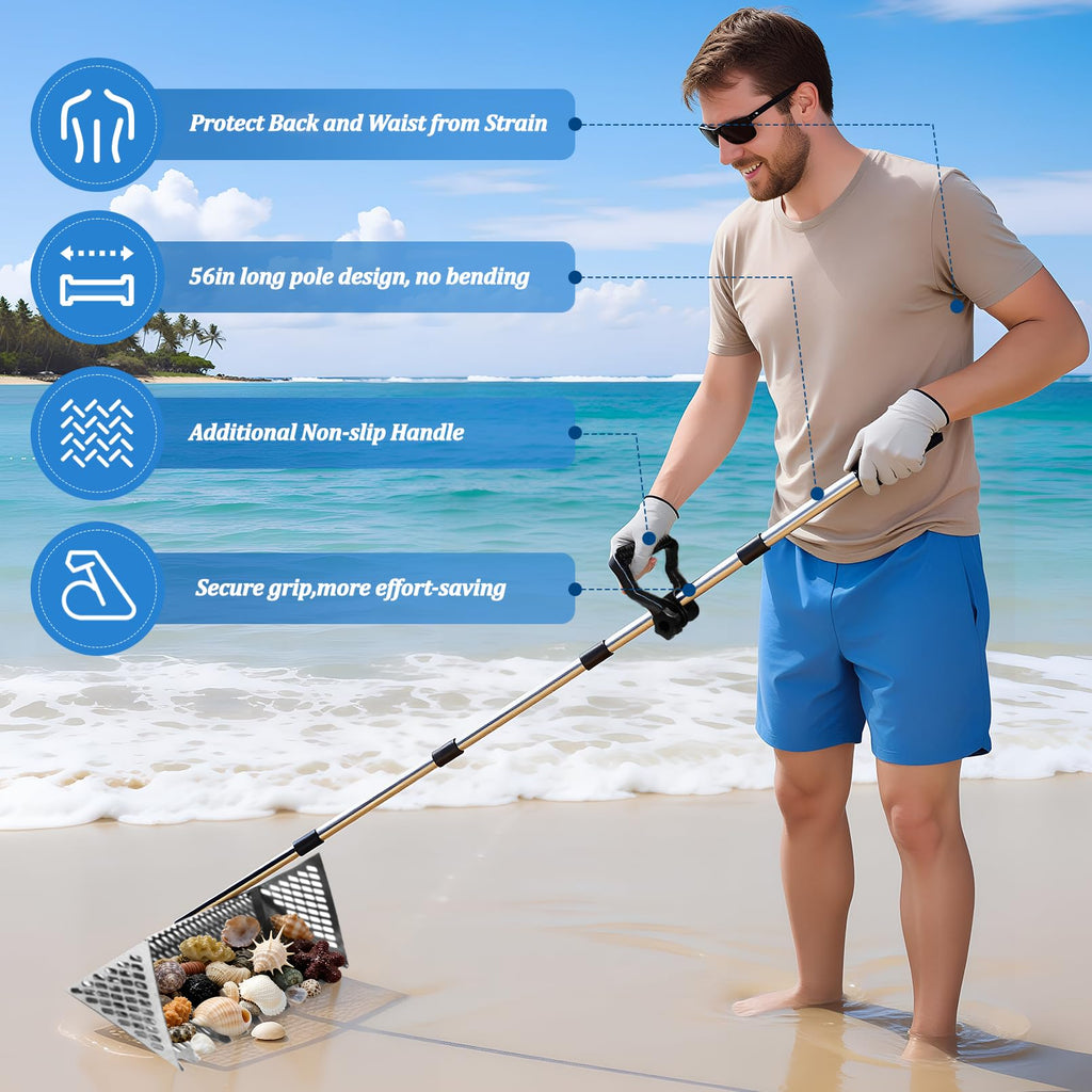 Sand Flea Rake，Detachable Long Handle Sand Sifter with Stainless Steel Sand Scoop Shark Tooth Sifter and Beach gloves with 16-Inch-Wide Drainage Mesh for Finding Fleas,Shells Shark Teeth,Yard Cleaning