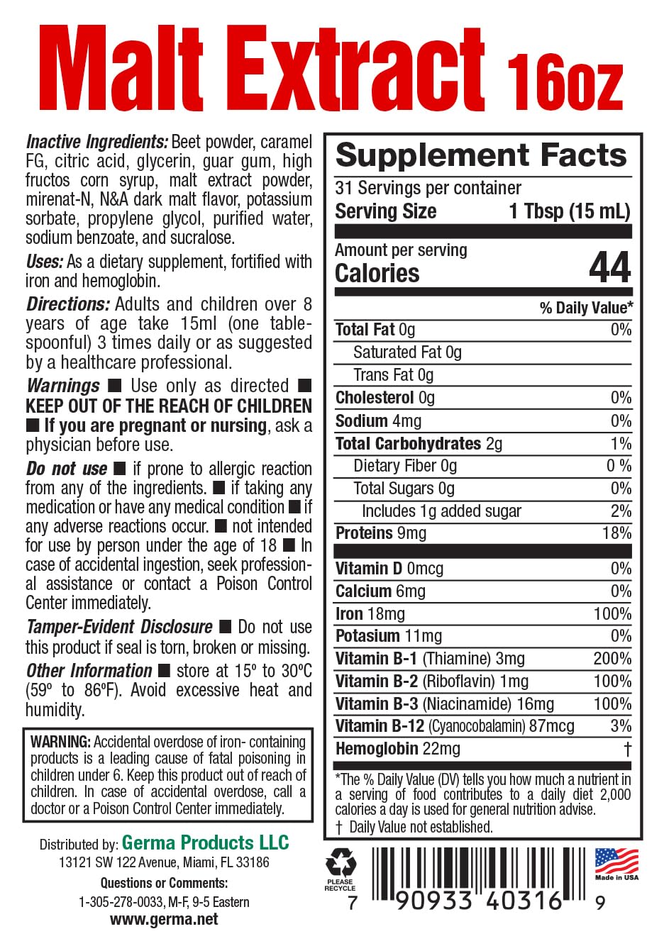 Germa Malt Extract (Extracto de Malta) – Liquid Dietary Supplement for Energy & Vitality – Rich in B-Vitamins & Essential Minerals – Traditional Nutritional Support – 16 fl oz