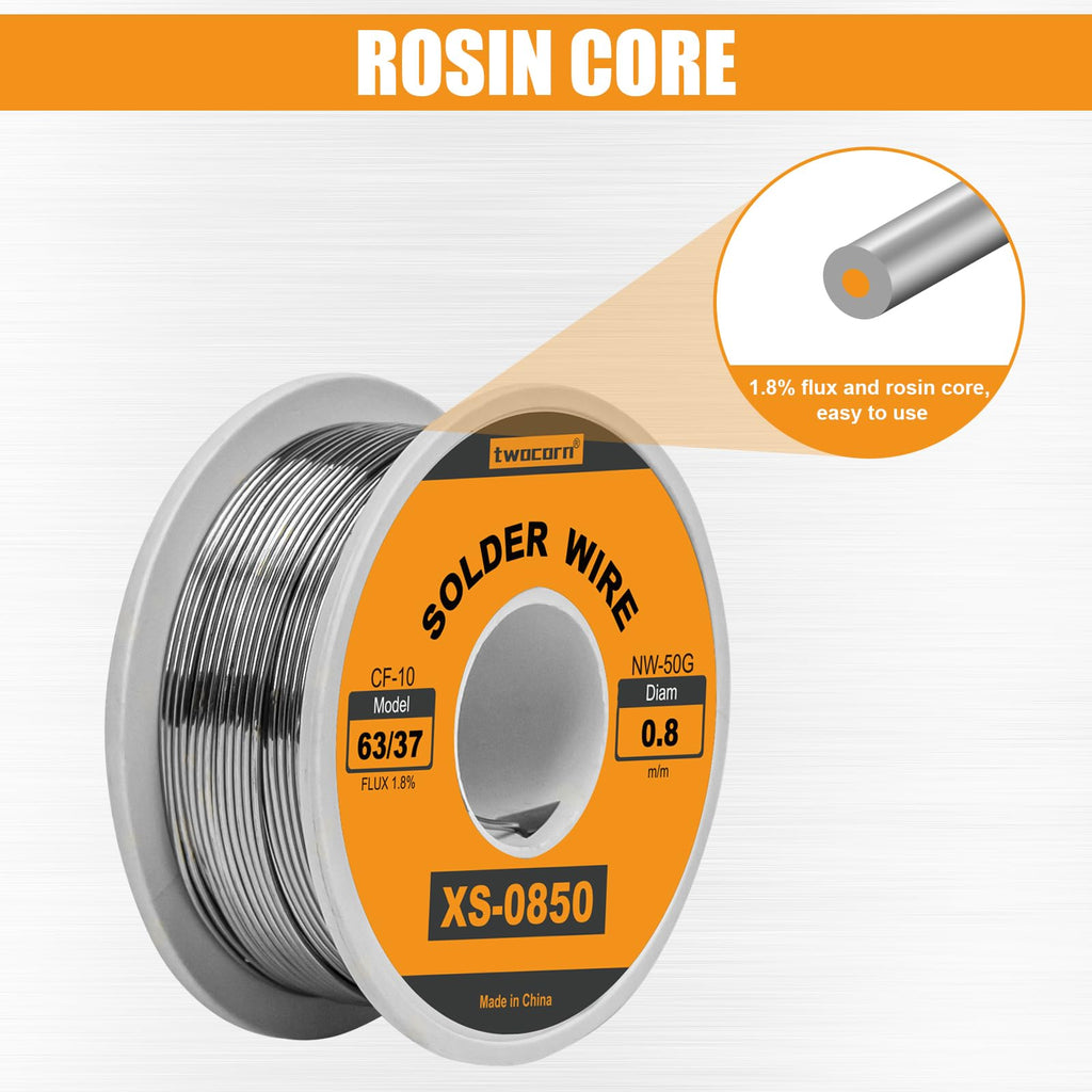 Twocorn 63/37 Solder Wire, high Purity no-wash tin-Lead Rosin cored Wire with 1.8% Flux for Electric Soldering (0.8mm 50g)